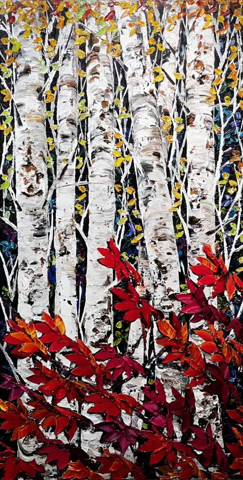 Maya Eventov Birch Night Birch 60x30 acrylic on canvas, palette-knife impasto, birch