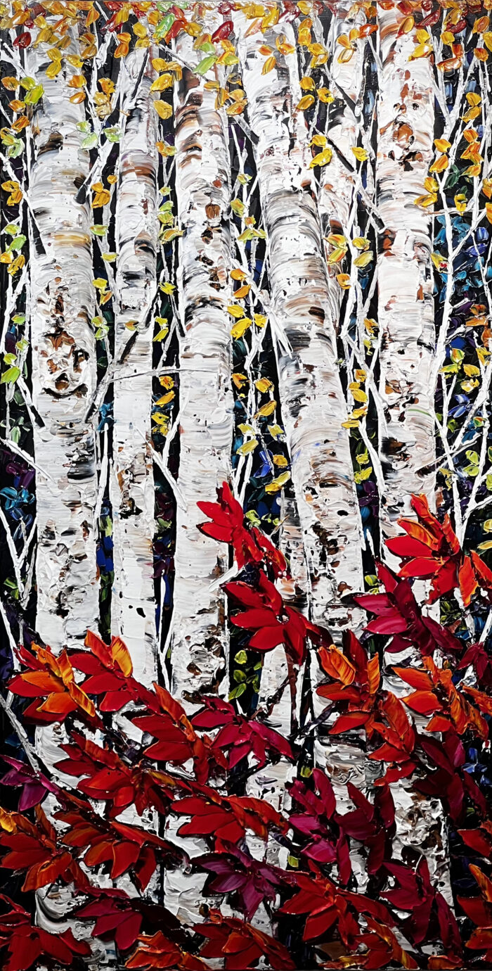 Maya Eventov Birch Night Birch 60x30 acrylic on canvas, palette-knife impasto, birch