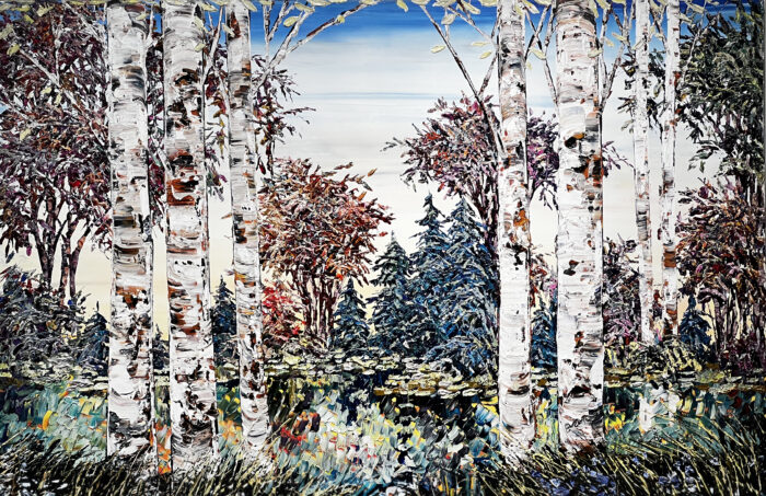 Maya Eventov New Day Birch III 40×60 acrylic on canvas, palette-knife impasto, birch forest