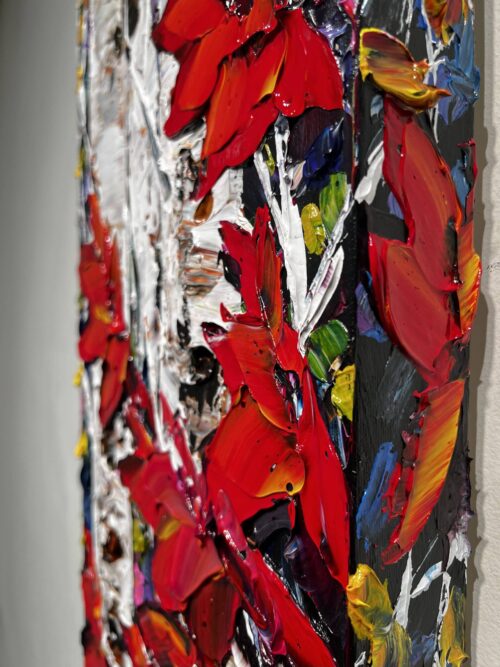 Night Birch 4 – original acrylic on canvas by Maya Eventov, 40″ × 12″