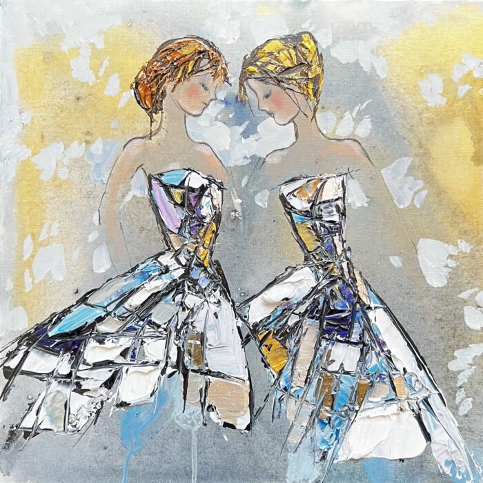 Maya Eventov Abstract Dancers 4 16x16 acrylic on canvas, palette-knife impasto, floral acrylic on canvas, palette-knife impasto, dancers