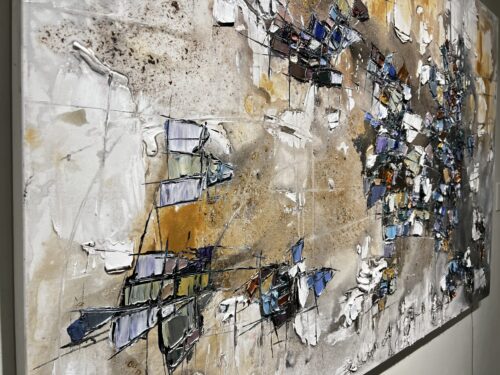 Abstract Golden Drift – original acrylic on canvas by Maya Eventov, 40″ × 60″