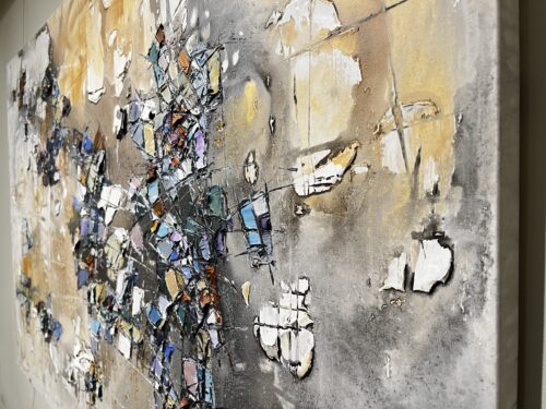 Abstract Golden Drift – original acrylic on canvas by Maya Eventov, 40″ × 60″
