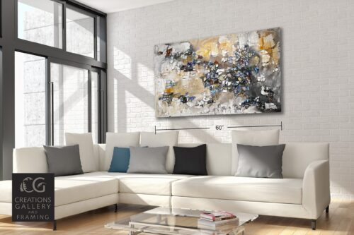 Abstract Golden Drift – original acrylic on canvas by Maya Eventov, 40″ × 60″ — shown in a room setting