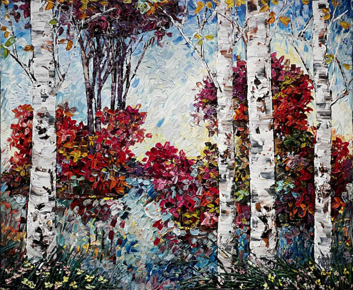 Maya Eventov Birch Forest 40x48 acrylic on canvas, palette-knife impasto, birch