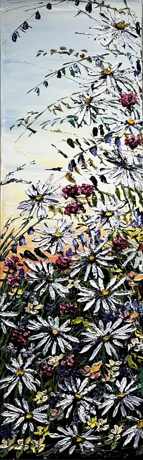 Maya Eventov Floral Fields Blooming 40x12 acrylic on canvas, palette-knife impasto, field Flowers