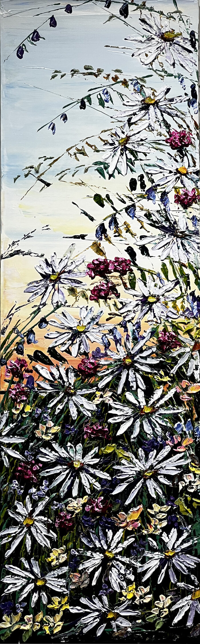 Maya Eventov Floral Fields Blooming 40x12 acrylic on canvas, palette-knife impasto, field Flowers