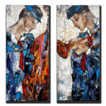 Maya Eventov Jazz Dialogue in Blue and Brass Pair 36x16 acrylic on canvas, palette-knife impasto, figurative