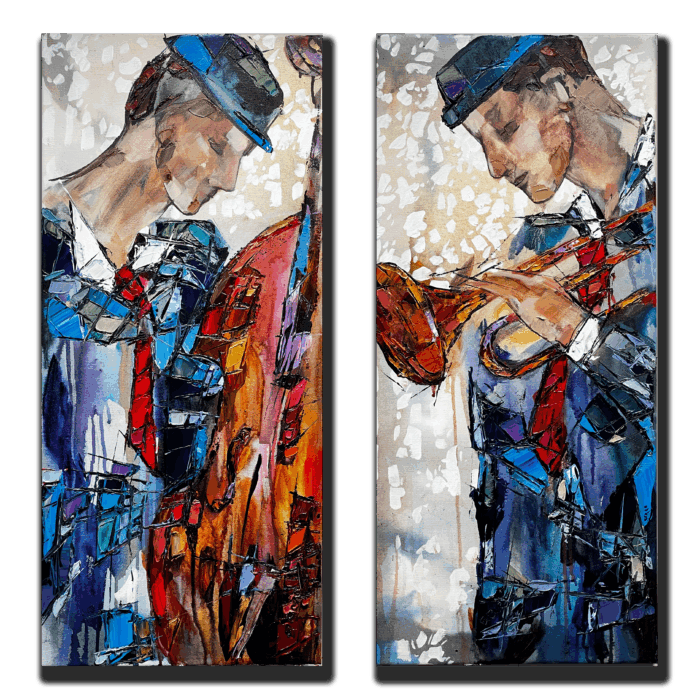 Maya Eventov Jazz Dialogue in Blue and Brass Pair 36x16 acrylic on canvas, palette-knife impasto, figurative