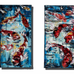 Maya Eventov Koi Pair 24x12 acrylic on canvas, palette-knife impasto, field Flowers