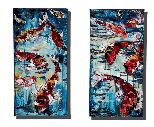 Maya Eventov Koi Pair 24x12 acrylic on canvas, palette-knife impasto, field Flowers
