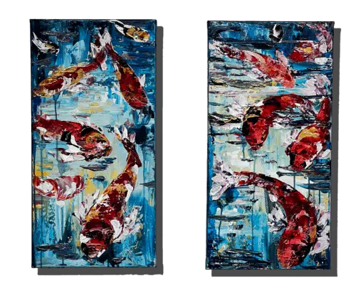 Maya Eventov Koi Pair 24x12 acrylic on canvas, palette-knife impasto, field Flowers