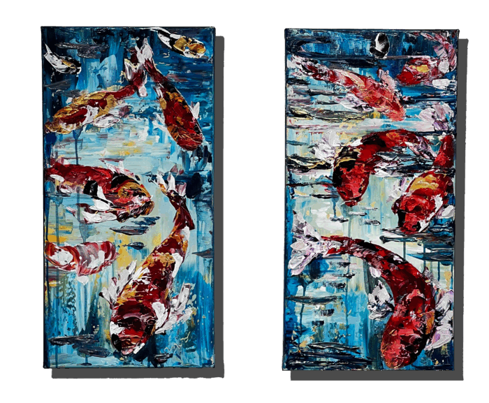 Maya Eventov Koi Pair 24x12 acrylic on canvas, palette-knife impasto, field Flowers