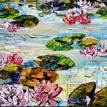Maya Eventov Lilly Pond 20×60 acrylic on canvas, palette-knife impasto, pond series