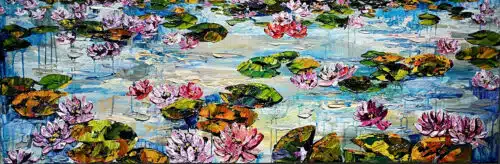 Maya Eventov Lilly Pond 20×60 acrylic on canvas, palette-knife impasto, pond series