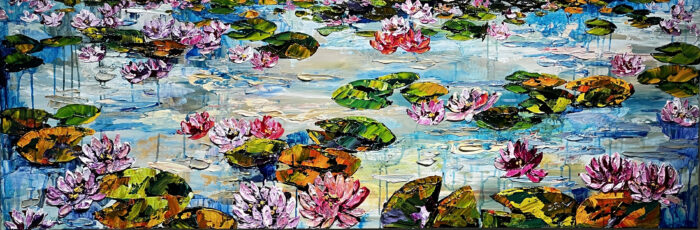 Maya Eventov Lilly Pond 20×60 acrylic on canvas, palette-knife impasto, pond series