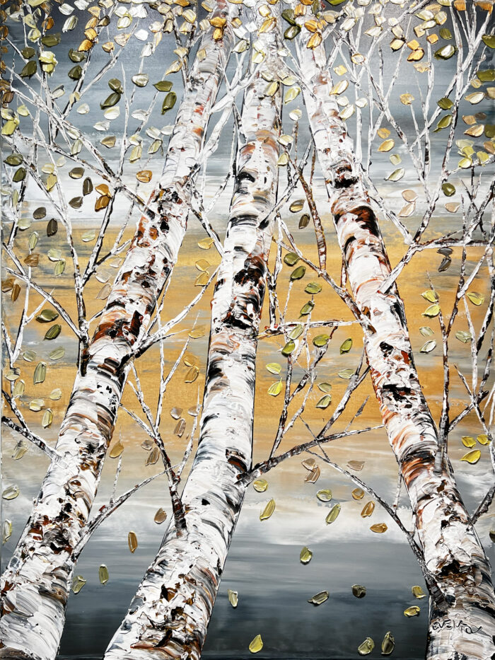 Maya Eventov Looking Up Grey Birch 3 48x36 acrylic on canvas, palette-knife impasto, birch