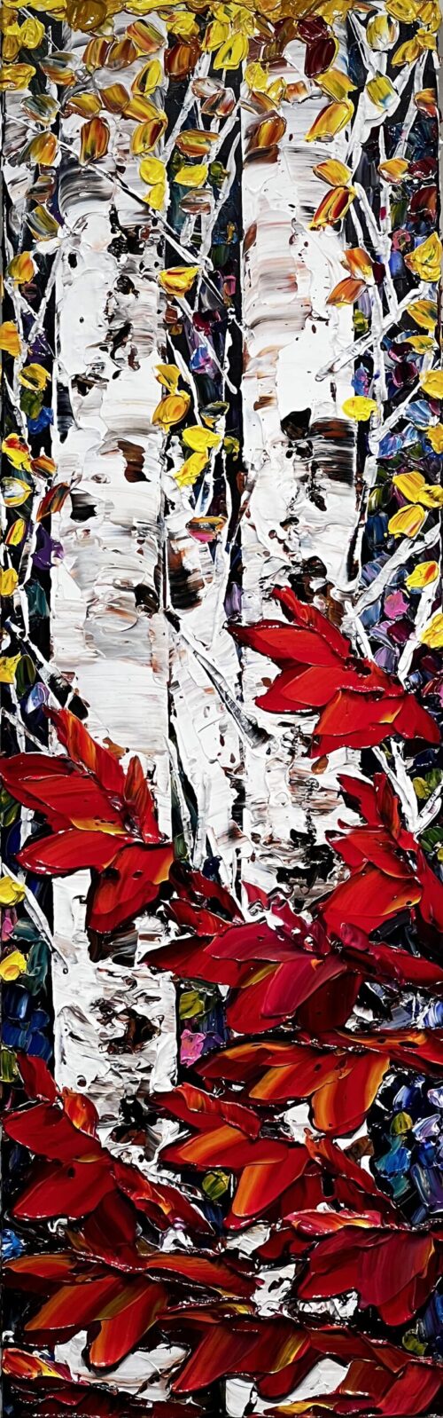 Night Birch 4 – original acrylic on canvas by Maya Eventov, 40″ × 12″
