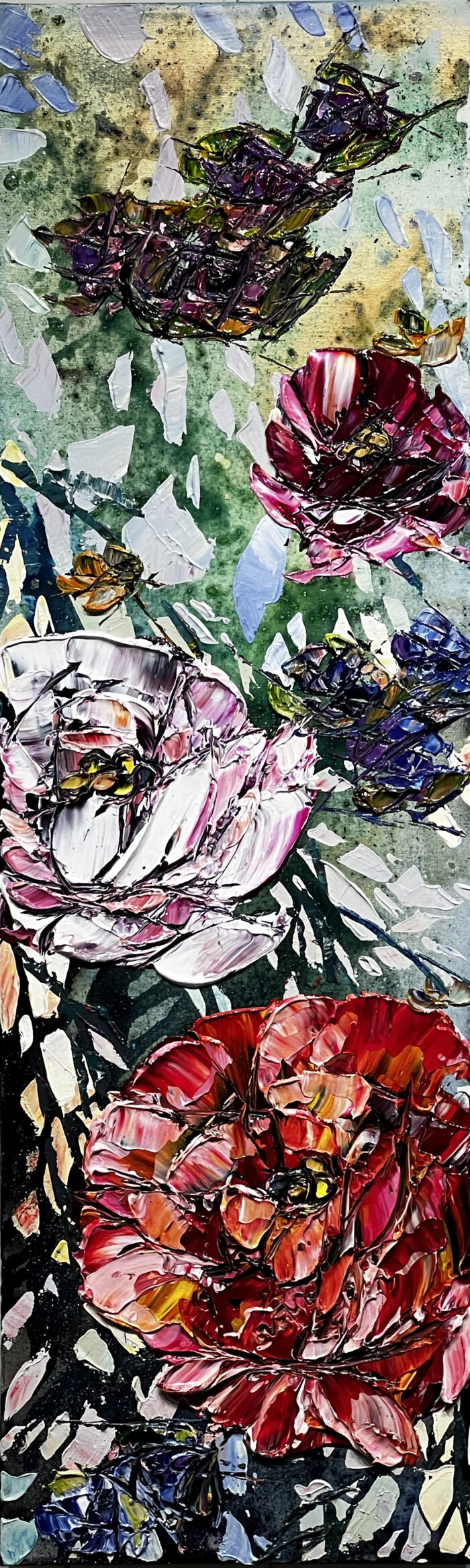 Maya Eventov Spectrum Abstract Floral 40x12 acrylic on canvas, palette-knife impasto, floral