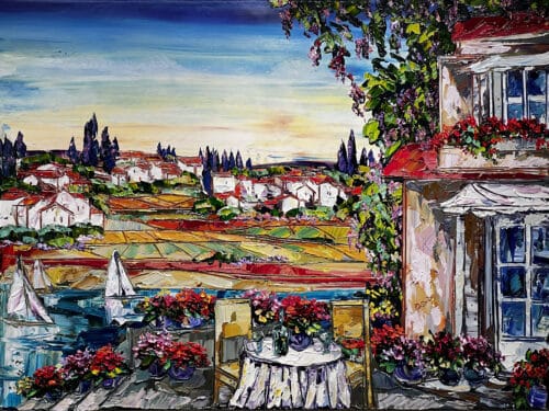 Maya Eventov Whispers of Tuscany 36x48 acrylic on canvas, palette-knife impasto, Tuscan