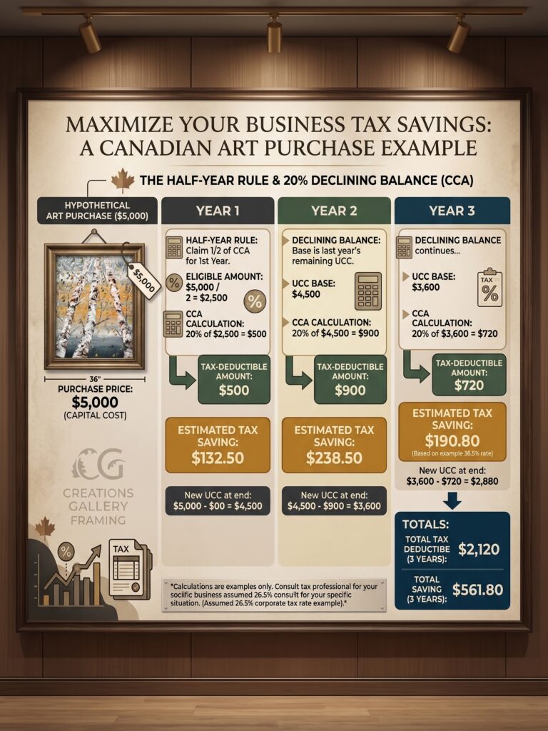 Infographic showing a multi-year breakdown of the CCA Class 8 tax deduction for a Canadian business purchasing original art