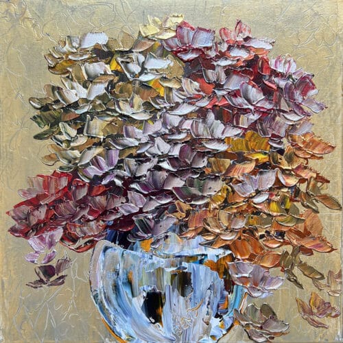 Original 16x16 inch gallery artwork titled Floral Hydrangea Gilded Stillness by Maya Eventov. A contemporary acrylic painting showcasing lush, colorful hydrangea flowers with thick, raised palette-knife texture