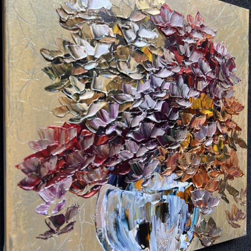 Original 16x16 inch gallery artwork titled Floral Hydrangea Gilded Stillness by Maya Eventov. A contemporary acrylic painting showcasing lush, colorful hydrangea flowers with thick, raised palette-knife texture