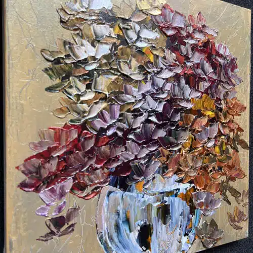 Original 16x16 inch gallery artwork titled Floral Hydrangea Gilded Stillness by Maya Eventov. A contemporary acrylic painting showcasing lush, colorful hydrangea flowers with thick, raised palette-knife texture