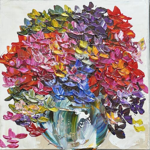 Original 16x16 inch gallery artwork titled Floral Hydrangea Joyful Flourish by Maya Eventov. A contemporary acrylic painting showcasing lush, colorful hydrangea flowers with thick, raised palette-knife texture.