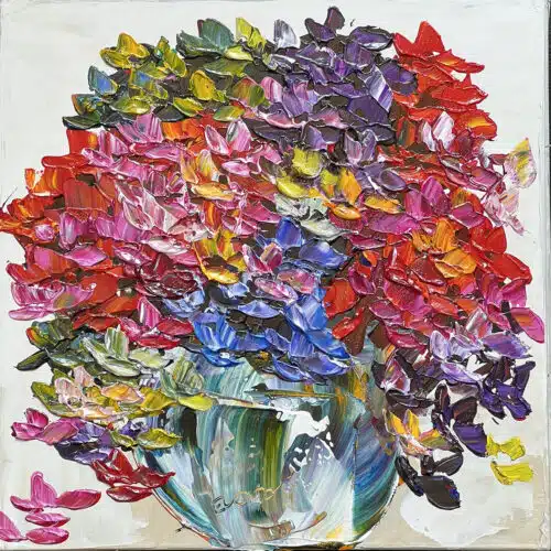 Original 16x16 inch gallery artwork titled Floral Hydrangea Joyful Flourish by Maya Eventov. A contemporary acrylic painting showcasing lush, colorful hydrangea flowers with thick, raised palette-knife texture.