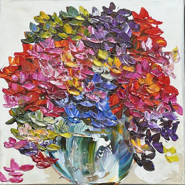 Original 16x16 inch gallery artwork titled Floral Hydrangea Joyful Flourish by Maya Eventov. A contemporary acrylic painting showcasing lush, colorful hydrangea flowers with thick, raised palette-knife texture.