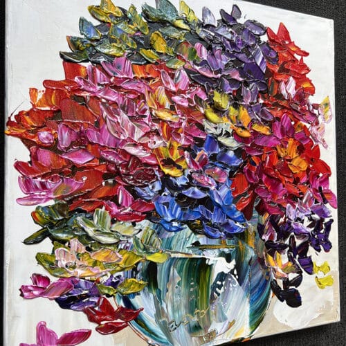 Original 16x16 inch gallery artwork titled Floral Hydrangea Joyful Flourish by Maya Eventov. A contemporary acrylic painting showcasing lush, colorful hydrangea flowers with thick, raised palette-knife texture.