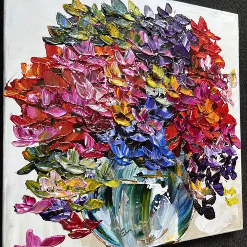 Original 16x16 inch gallery artwork titled Floral Hydrangea Joyful Flourish by Maya Eventov. A contemporary acrylic painting showcasing lush, colorful hydrangea flowers with thick, raised palette-knife texture.