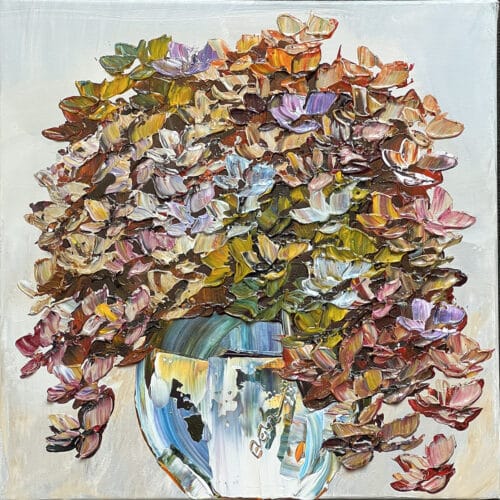 Original 16x16 inch gallery artwork titled Floral Hydrangea Quiet Reflection by Maya Eventov. A contemporary acrylic painting showcasing lush, colorful hydrangea flowers with thick, raised palette-knife texture.