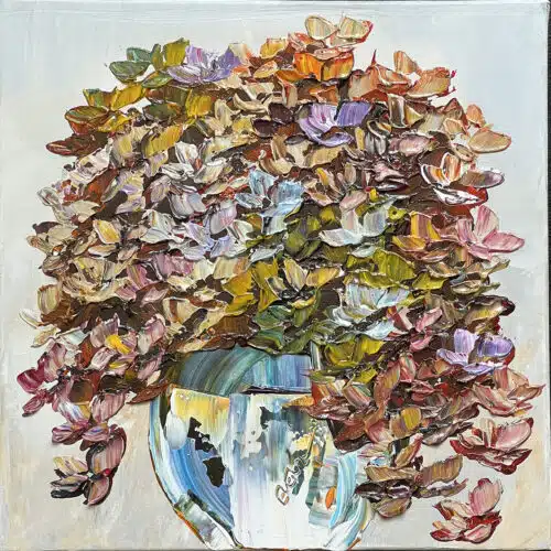 Original 16x16 inch gallery artwork titled Floral Hydrangea Quiet Reflection by Maya Eventov. A contemporary acrylic painting showcasing lush, colorful hydrangea flowers with thick, raised palette-knife texture.
