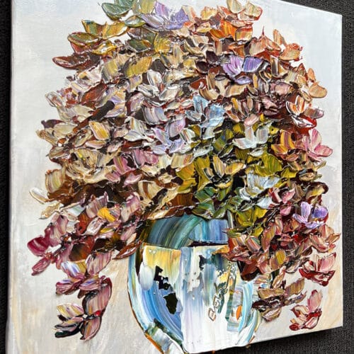 Original 16x16 inch gallery artwork titled Floral Hydrangea Quiet Reflection by Maya Eventov. A contemporary acrylic painting showcasing lush, colorful hydrangea flowers with thick, raised palette-knife texture. Detail View 1