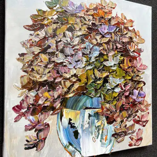 Original 16x16 inch gallery artwork titled Floral Hydrangea Quiet Reflection by Maya Eventov. A contemporary acrylic painting showcasing lush, colorful hydrangea flowers with thick, raised palette-knife texture. Detail View 1