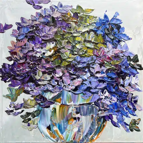 Original 16x16 inch gallery artwork titled Floral Hydrangea Serene Reverie by Maya Eventov. A contemporary acrylic painting showcasing lush, colorful hydrangea flowers with thick, raised palette-knife texture.