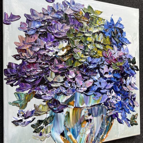 Original 16x16 inch gallery artwork titled Floral Hydrangea Serene Reverie by Maya Eventov. A contemporary acrylic painting showcasing lush, colorful hydrangea flowers with thick, raised palette-knife texture. Detail View1