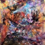 Original 60x40 abstract artwork titled 'Wisdom Auditor' by contemporary artist Patricia Gagic, featuring a dense, colorful palette of reds, blues, and warm tones.