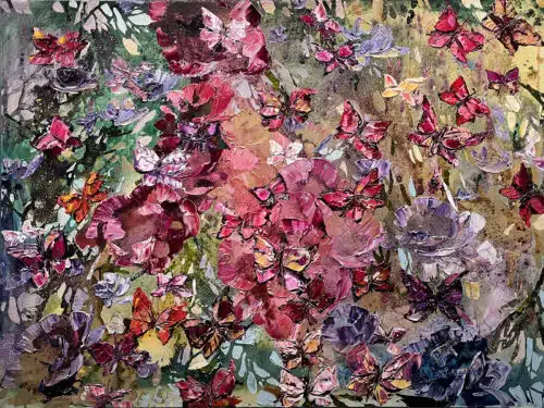 Maya Eventov original acrylic painting, Butterflies in Vivid Flight, featuring vibrant palette-knife textured butterflies, 36x48 inches