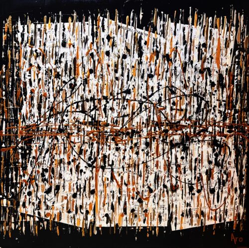 Original abstract acrylic painting Au coeur de tout by Canadian artist Aro, 30 by 30 inches, copper and cream dabs over collaged sheet music framed in deep black