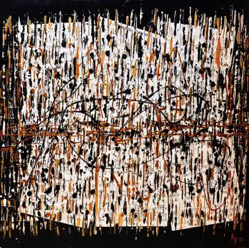Original abstract acrylic painting Au coeur de tout by Canadian artist Aro, 30 by 30 inches, copper and cream dabs over collaged sheet music framed in deep black