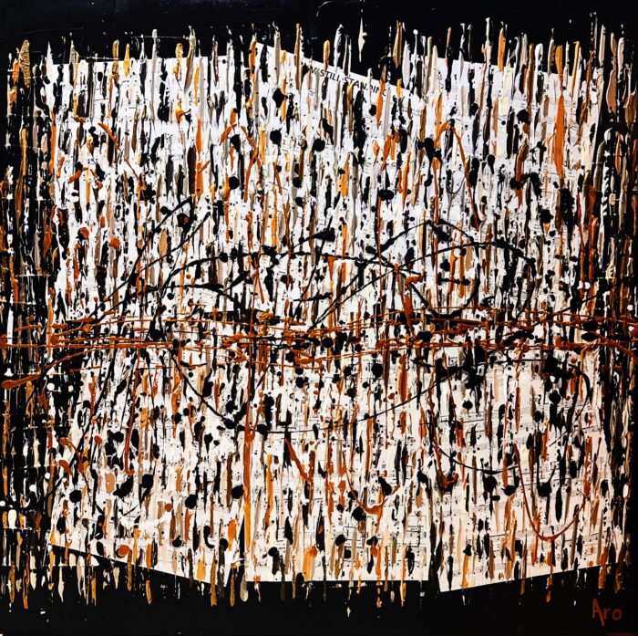Original abstract acrylic painting Au coeur de tout by Canadian artist Aro, 30 by 30 inches, copper and cream dabs over collaged sheet music framed in deep black