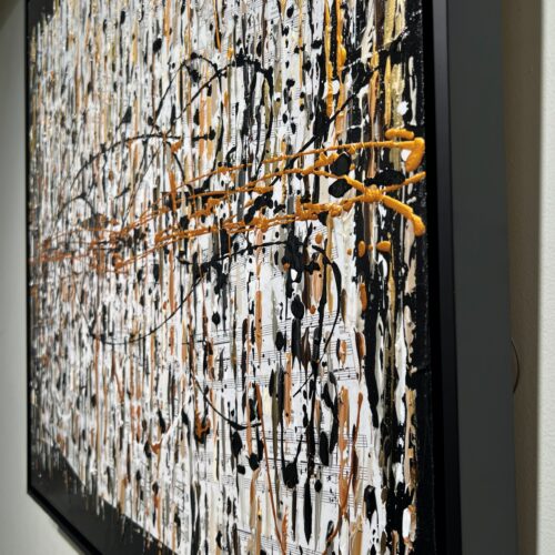 Close-up detail of Au coeur de tout by Aro showing copper and cream acrylic dabs over printed sheet music