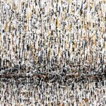 Original abstract acrylic painting Croire en moi by Canadian artist Aro, 60 by 48 inches, black, gold and copper rain falling through white to a dark horizon