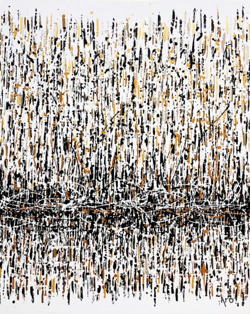 Original abstract acrylic painting Croire en moi by Canadian artist Aro, 60 by 48 inches, black, gold and copper rain falling through white to a dark horizon