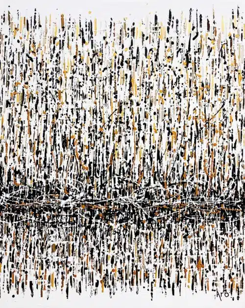 Original abstract acrylic painting Croire en moi by Canadian artist Aro, 60 by 48 inches, black, gold and copper rain falling through white to a dark horizon
