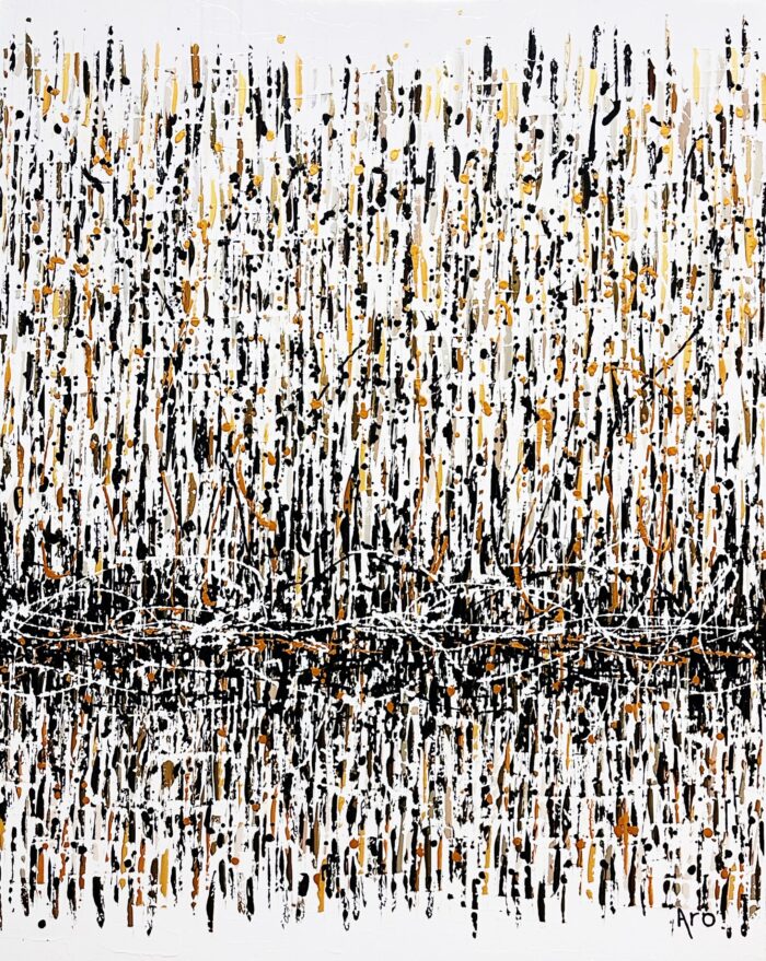 Original abstract acrylic painting Croire en moi by Canadian artist Aro, 60 by 48 inches, black, gold and copper rain falling through white to a dark horizon