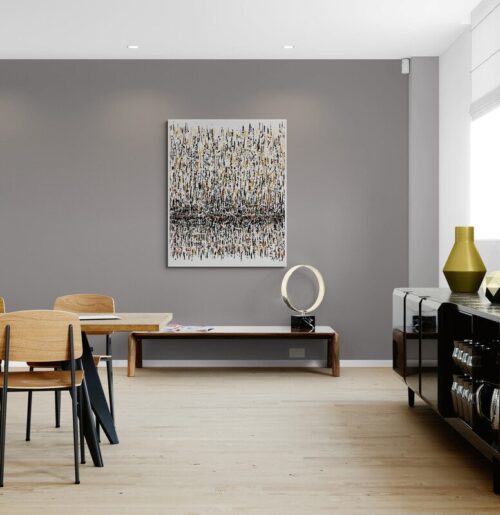 Aro Croire en moi large abstract painting displayed in a warm grey dining room